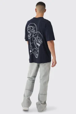 Oversized Boxy Skull Line Drawing Back Print T-Shirt | UK^boohooMAN Hot