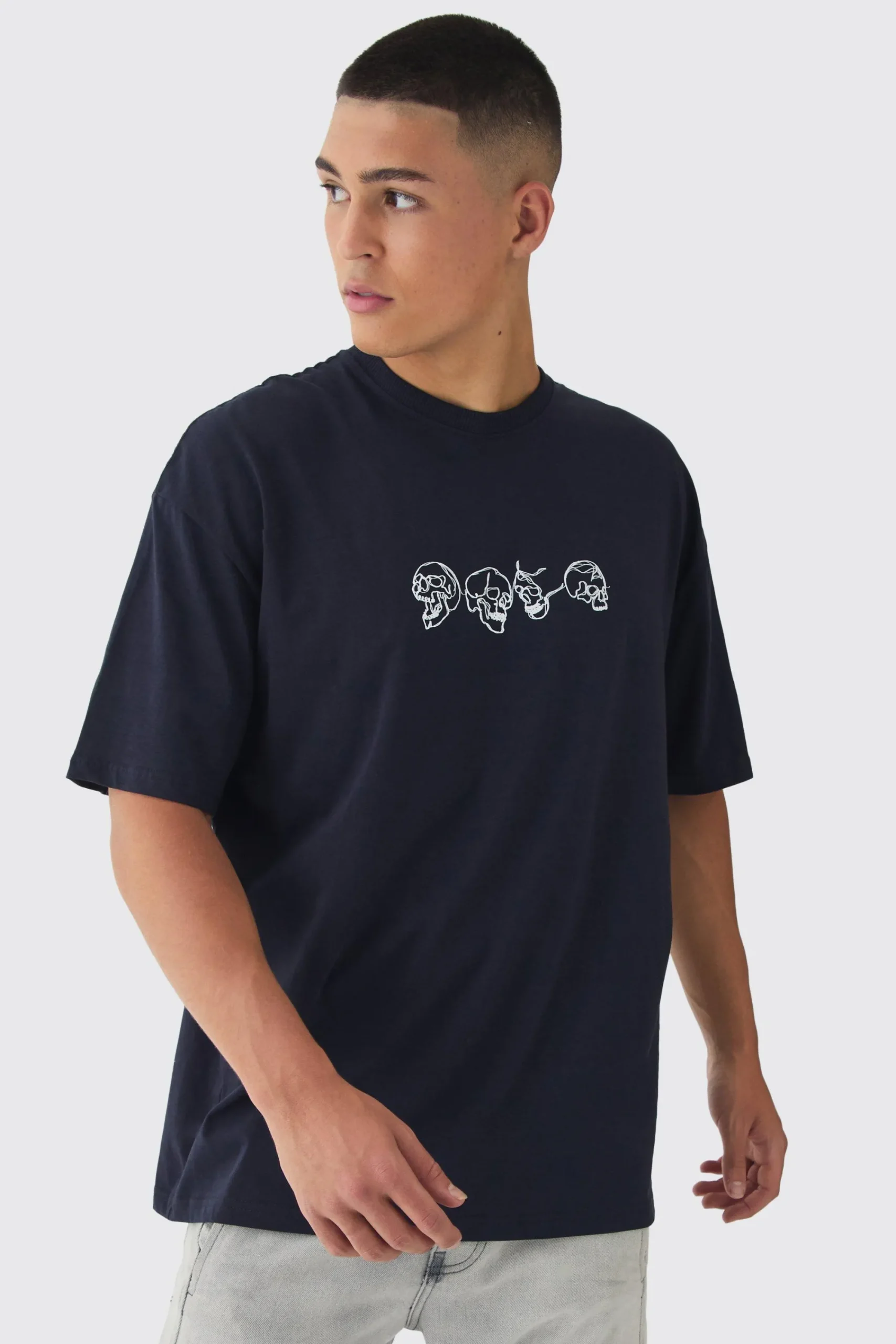 Oversized Boxy Skull Line Drawing Back Print T-Shirt | UK^boohooMAN Hot
