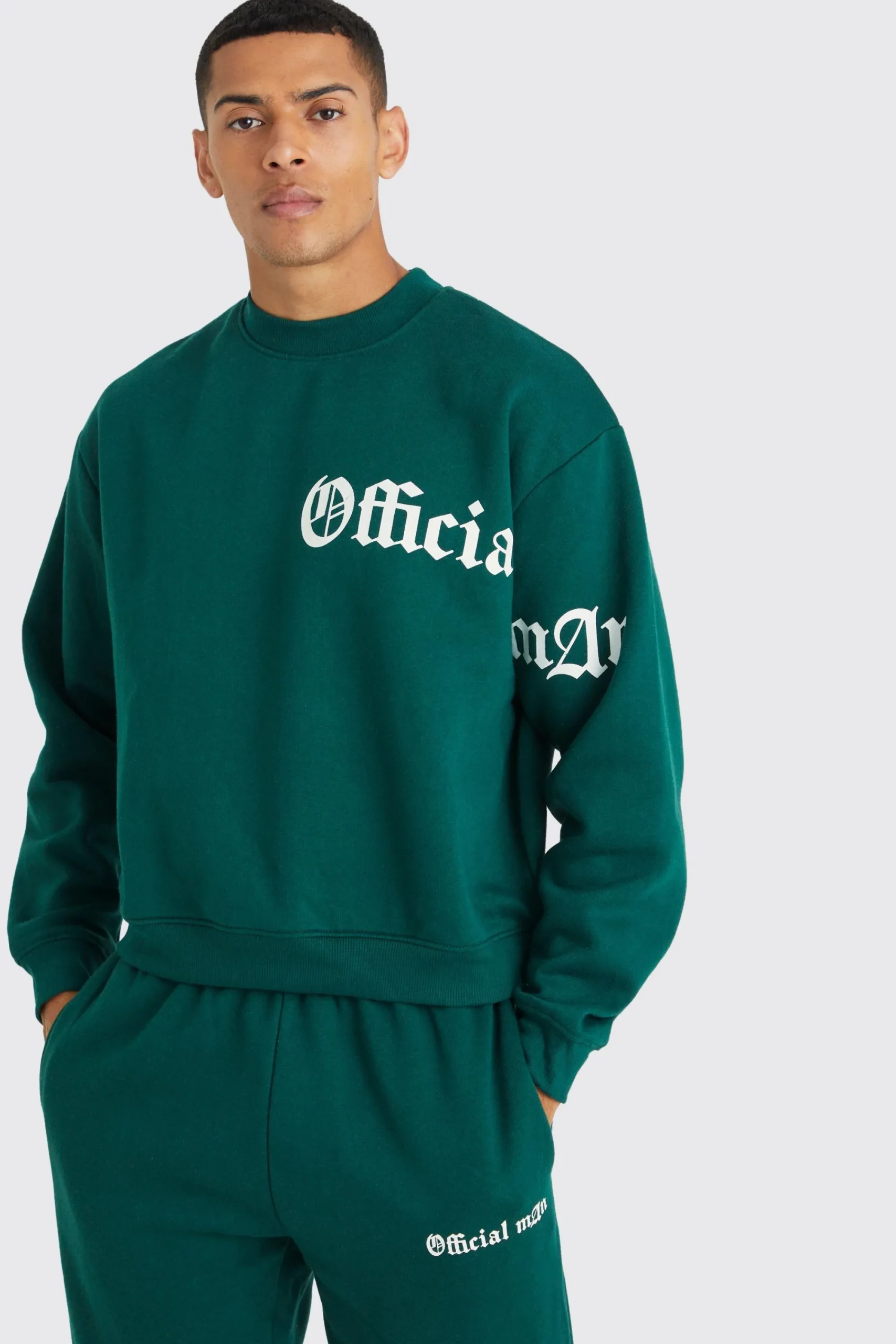 boohooMAN Oversized Boxy Slogan Sweatshirt Tracksuit | UK| Tracksuits
