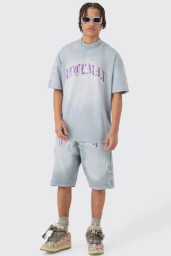 boohooMAN Oversized Boxy Spray Wash Multi Heart T-shirt & Short Set | UK| Sets & Co-Ords|Tracksuits
