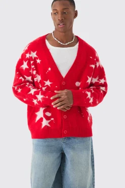 boohooMAN Oversized Boxy Star Brushed Knitted Cardigan | UK| Knitwear