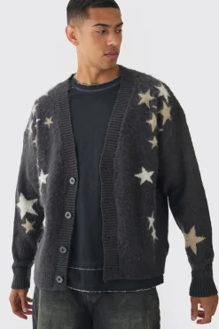 boohooMAN Oversized Boxy Star Brushed Knitted Cardigan | UK| Knitwear