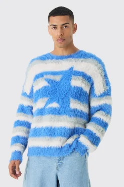 boohooMAN Oversized Boxy Super Fluffy Stripe Jumper | UK| Knitwear