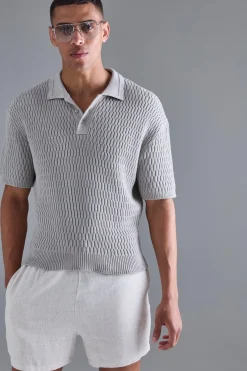 boohooMAN Oversized Boxy Textured Open Stitch Polo | UK| Knitwear