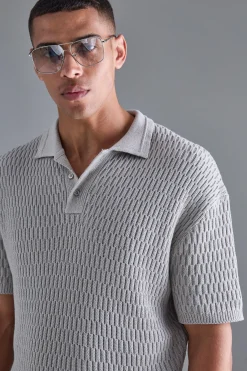 boohooMAN Oversized Boxy Textured Open Stitch Polo | UK| Knitwear