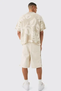 boohooMAN Oversized Boxy Tonal Jacquard Floral Knit Polo | UK| Knitwear