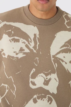 boohooMAN Oversized Boxy Tonal Line Face Knitted Jumper | UK| Knitwear