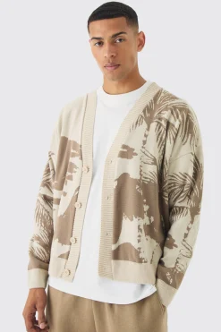 boohooMAN Oversized Boxy Tonal Scenic Drawing Knitted Cardigan | UK| Knitwear