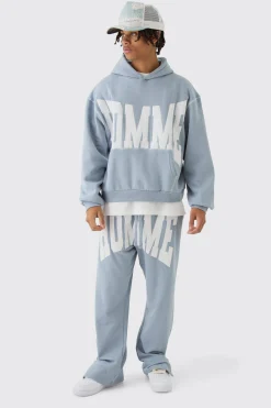 boohooMAN Oversized Boxy Twill Applique Contrast Stitch Hooded Tracksuit | UK| Tracksuits