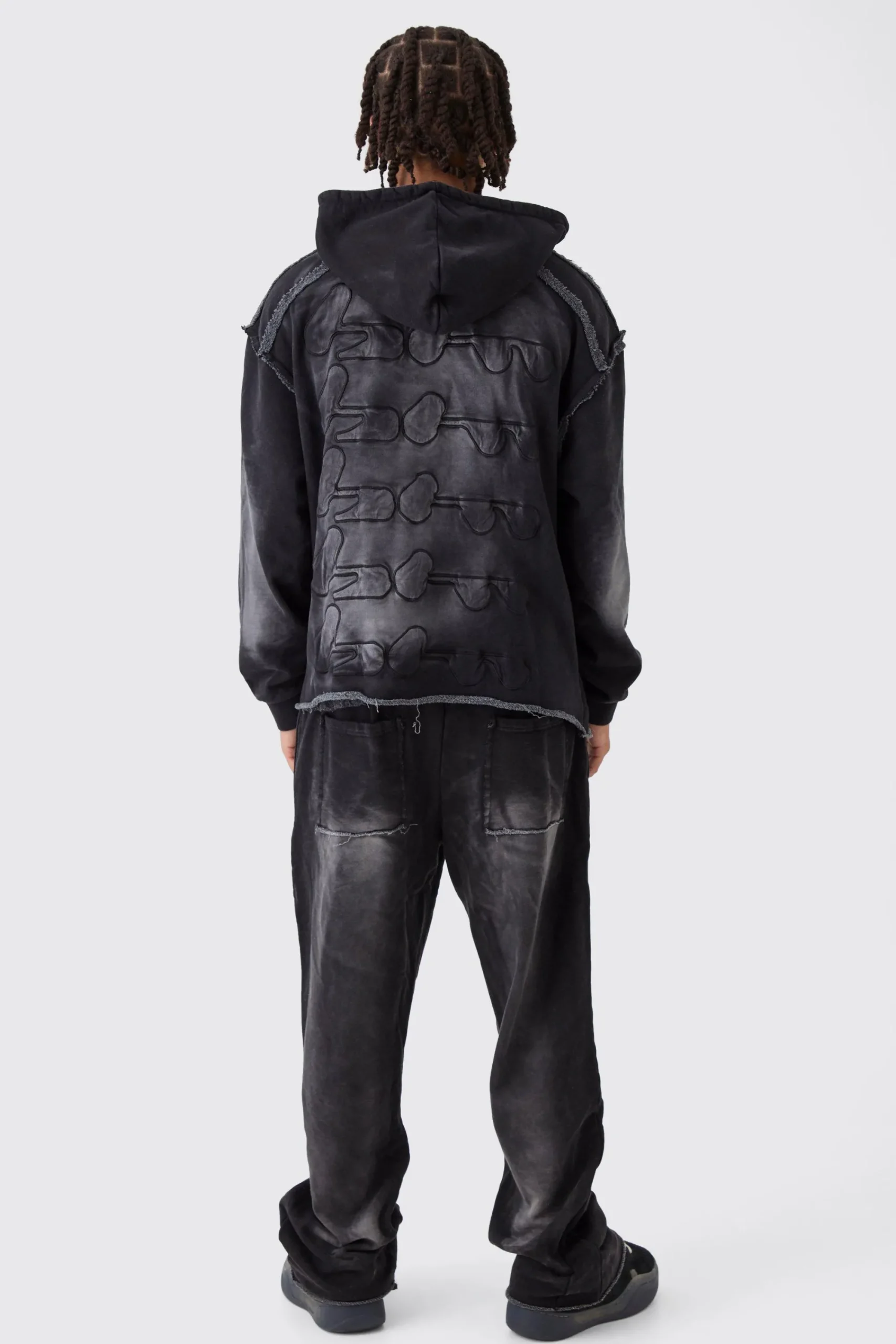 boohooMAN Oversized Boxy Washed Applique Hooded Tracksuit | UK| Tracksuits