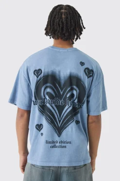 Oversized Boxy Washed Heart Print T-Shirt | UK^boohooMAN Outlet