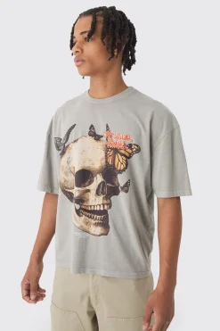 Oversized Boxy Washed Skull Butterfly Print T-Shirt | UK^boohooMAN Clearance