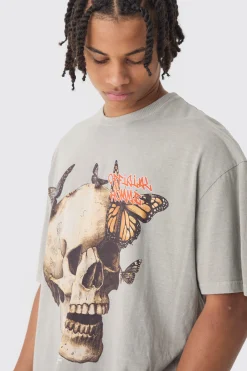 Oversized Boxy Washed Skull Butterfly Print T-Shirt | UK^boohooMAN Clearance