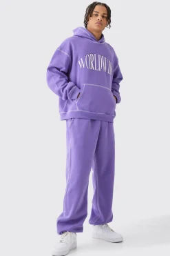 boohooMAN Oversized Boxy Worldwide Contrast Stitch Hooded Tracksuit | UK| Tracksuits