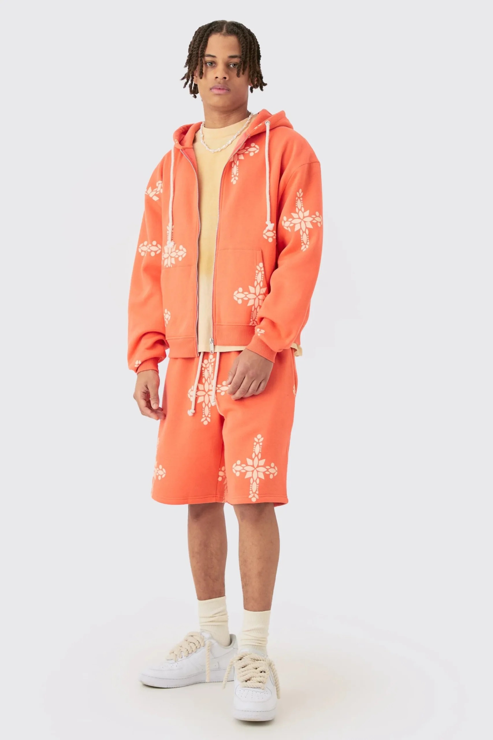 boohooMAN Oversized Boxy Zip Through Cross Printed Hoodie & Shorts | UK| Tracksuits