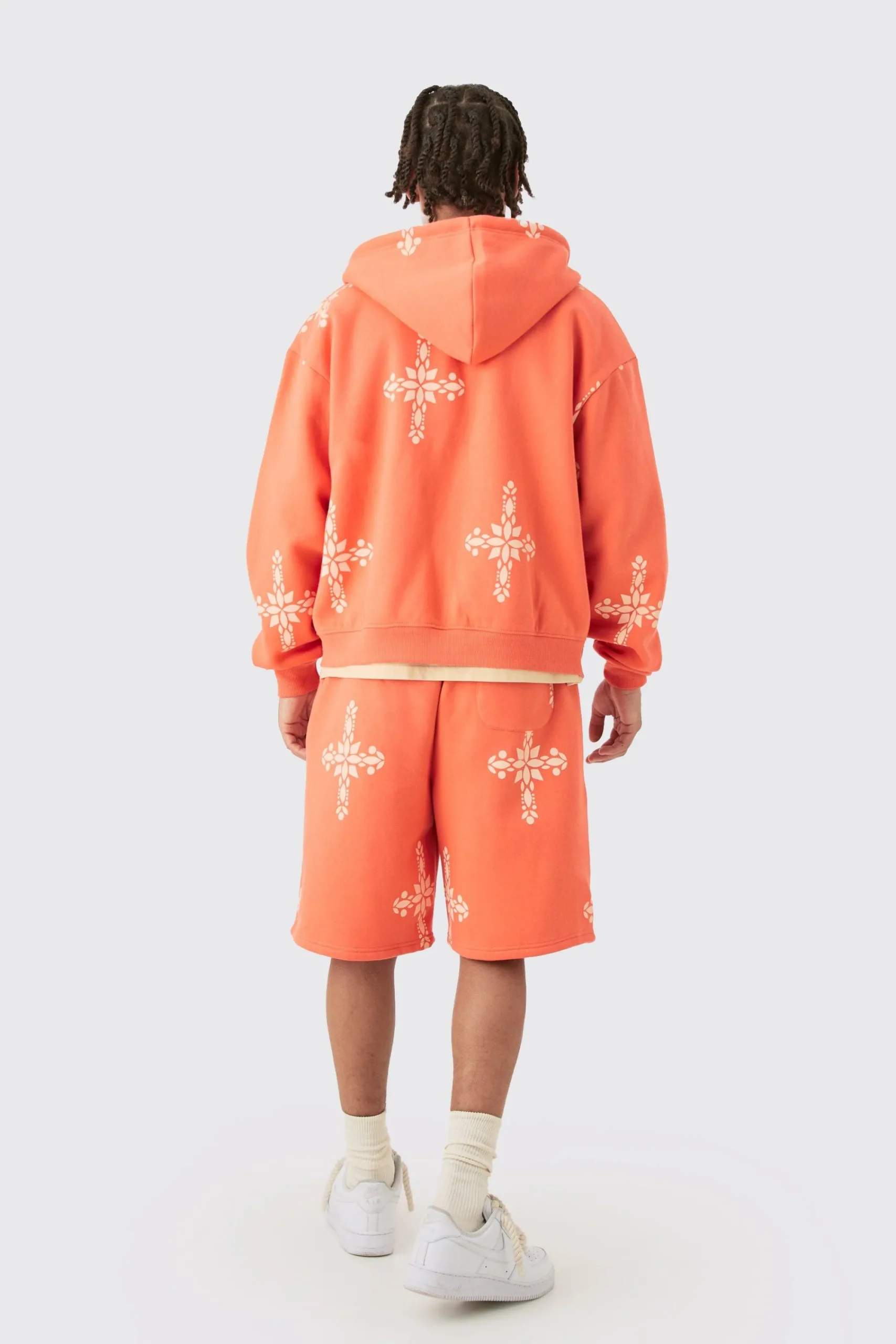 boohooMAN Oversized Boxy Zip Through Cross Printed Hoodie & Shorts | UK| Tracksuits