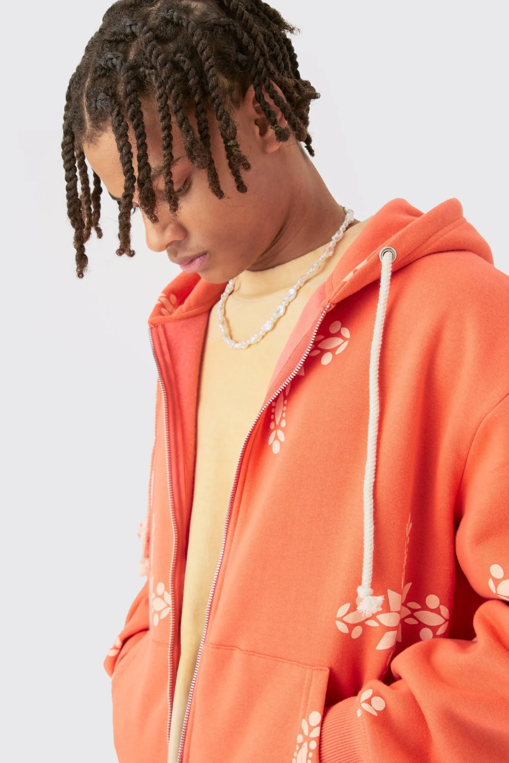 boohooMAN Oversized Boxy Zip Through Cross Printed Hoodie & Shorts | UK| Tracksuits
