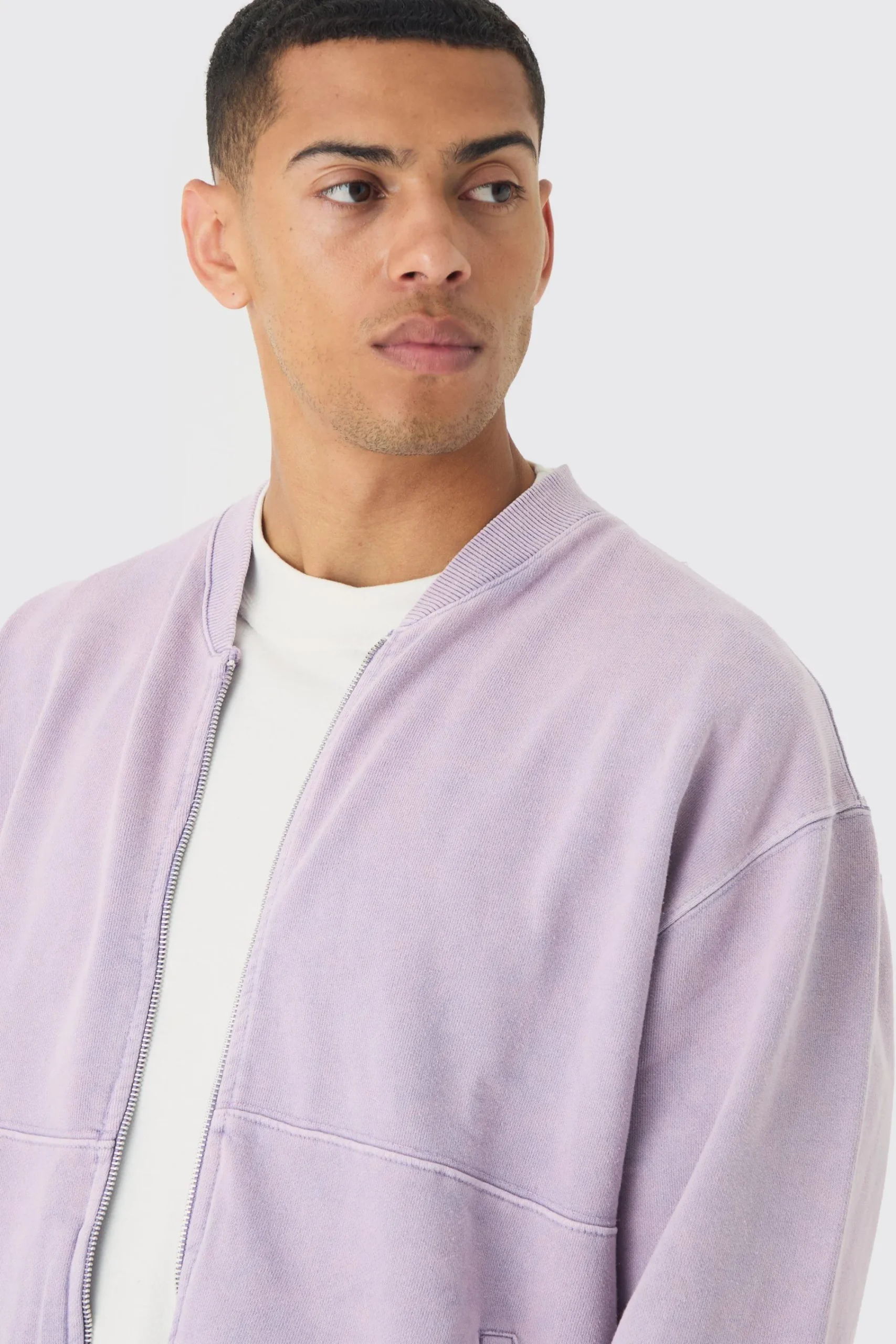 boohooMAN Oversized Boxy Zip Through Distressed Applique Bomber | UK| Coats & Jackets|Hoodies & Sweatshirts