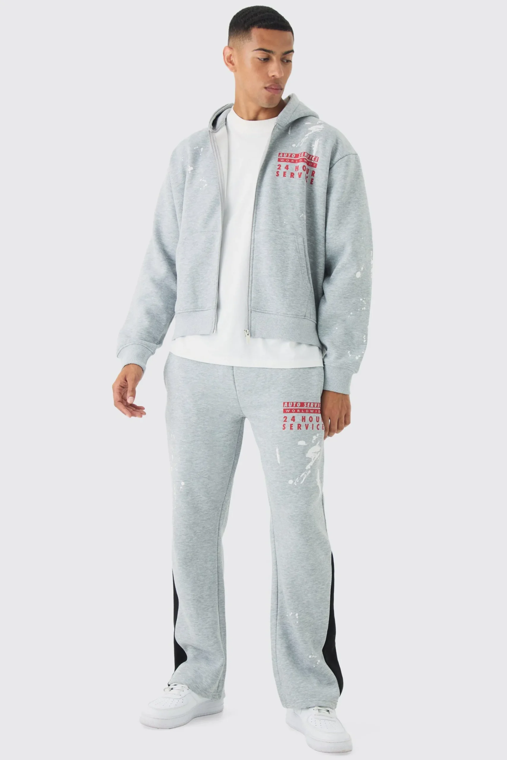 boohooMAN Oversized Boxy Zip Through Paint Splatter Printed Gusset Tracksuit | UK| Tracksuits