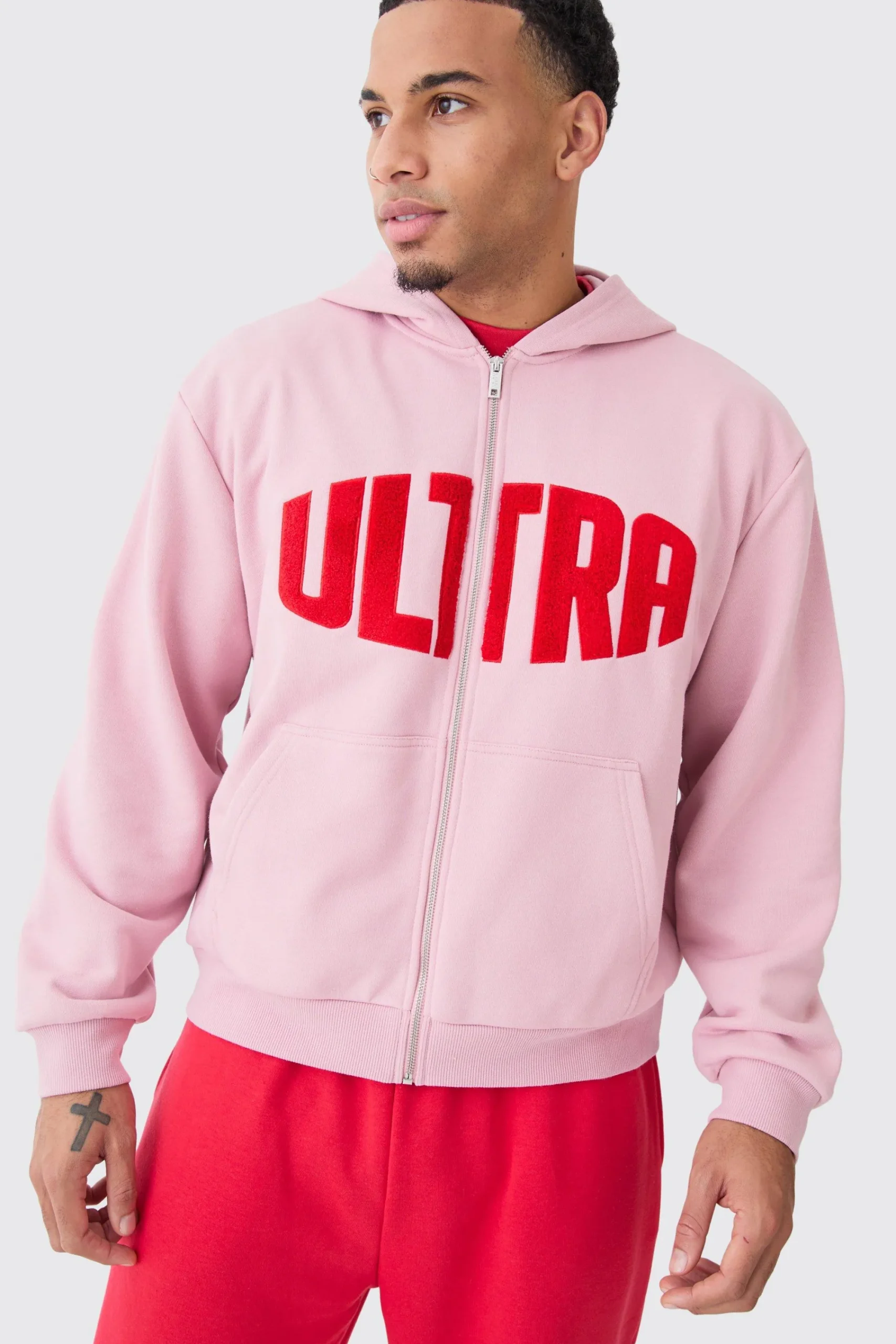 boohooMAN Oversized Boxy Zip Thru Borg Applique Hoodie | UK| Hoodies & Sweatshirts