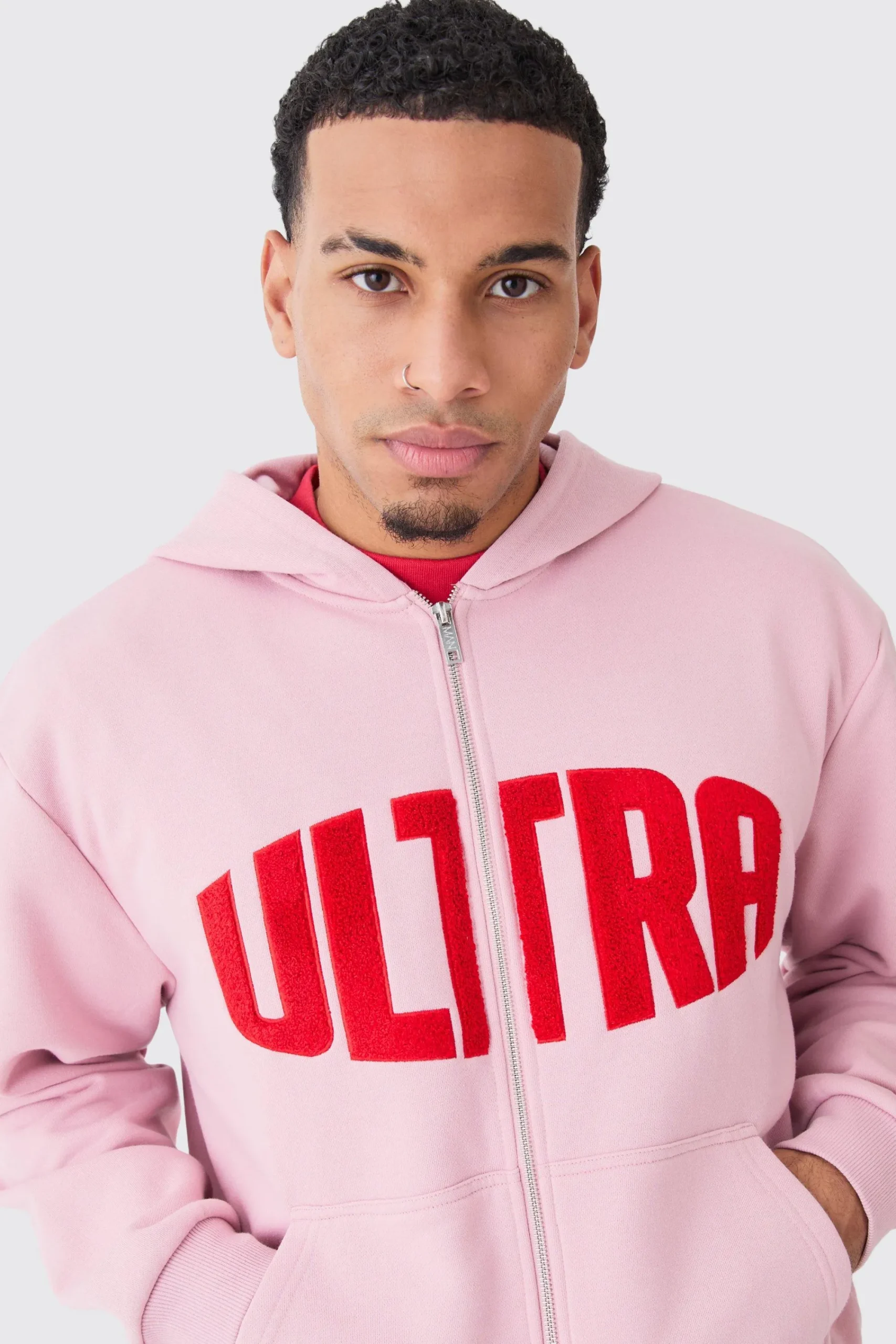 boohooMAN Oversized Boxy Zip Thru Borg Applique Hoodie | UK| Hoodies & Sweatshirts