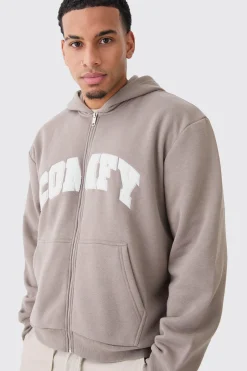 boohooMAN Oversized Boxy Zip Thru Borg Applique Hoodie | UK| Hoodies & Sweatshirts