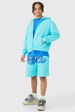 boohooMAN Oversized Boxy Zip Up Official Graffiti Spray Hoodie And Shorts Set | UK| Tracksuits