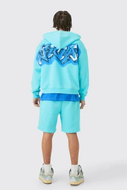boohooMAN Oversized Boxy Zip Up Official Graffiti Spray Hoodie And Shorts Set | UK| Tracksuits