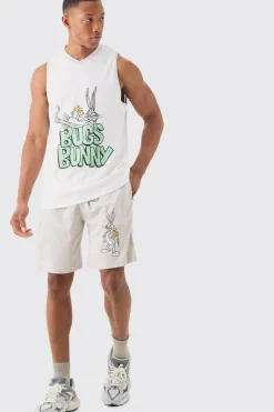 boohooMAN Oversized Bugs Bunny Looney Tunes License Mesh Vest And Short Set | UK| Tracksuits