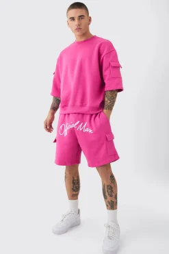 boohooMAN Oversized Cargo Pocket Half Sleeve Sweatshirt And Short Set | UK| Tracksuits