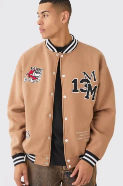 boohooMAN Oversized Character Applique Jersey Varsity Jacket | UK| Coats & Jackets