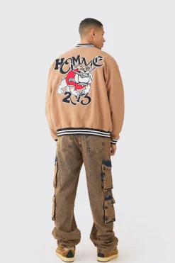 boohooMAN Oversized Character Applique Jersey Varsity Jacket | UK| Coats & Jackets