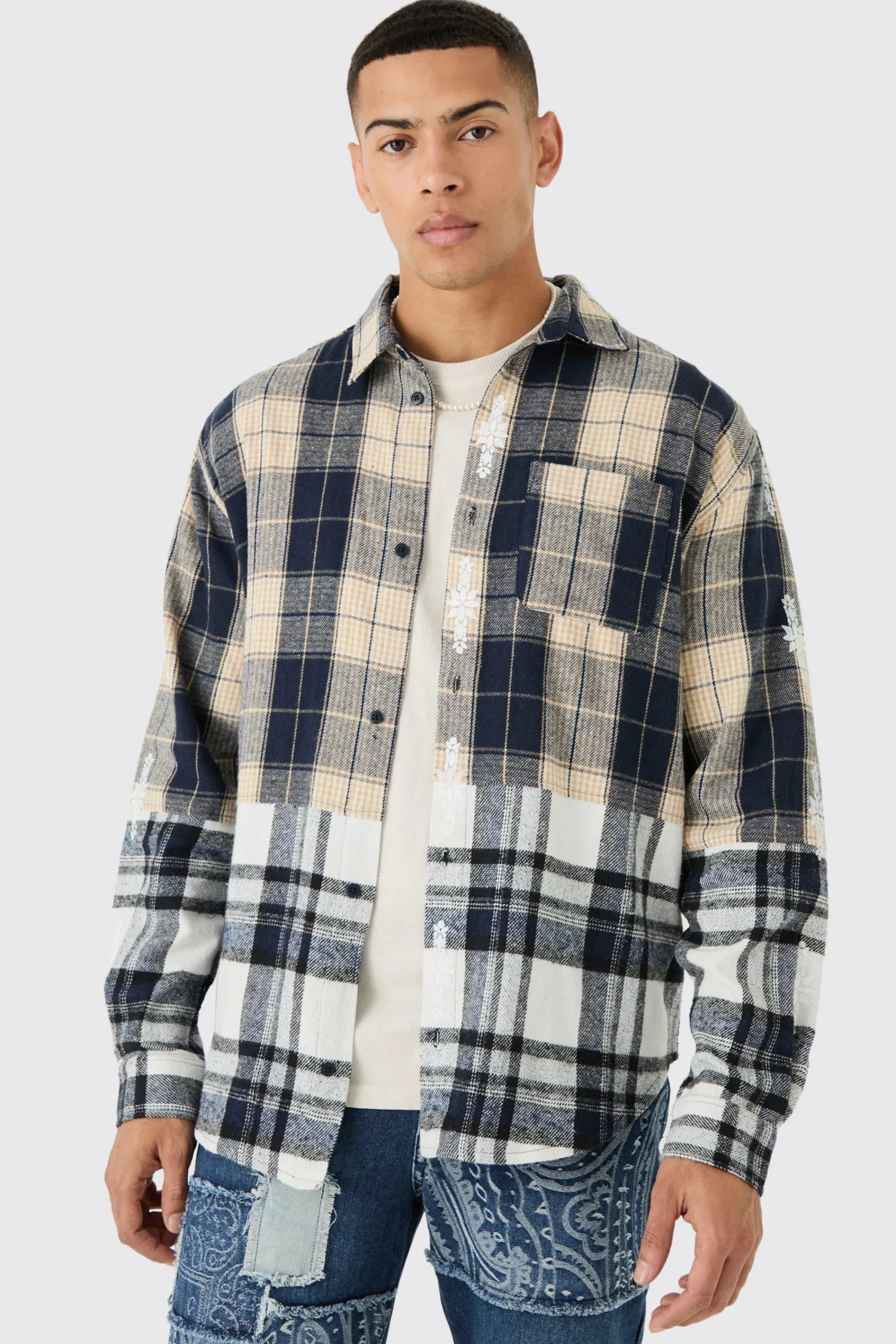 boohooMAN Oversized Check Splice Printed Placket Shirt | UK| Shirts