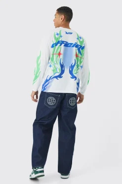 Oversized Closed Mesh Graffiti Moto Long Sleeve T-shirt | UK^boohooMAN Sale