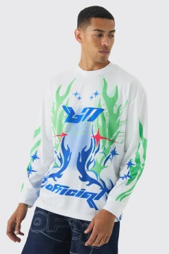 Oversized Closed Mesh Graffiti Moto Long Sleeve T-shirt | UK^boohooMAN Sale