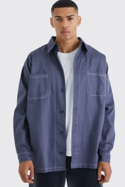 boohooMAN Oversized Contrast Stitch Twill Overshirt | UK| Shirts