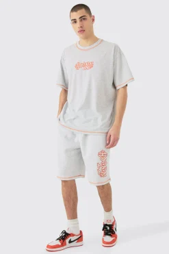 boohooMAN Oversized Contrast Stitch Applique T-shirt & Short Set | UK| Tracksuits