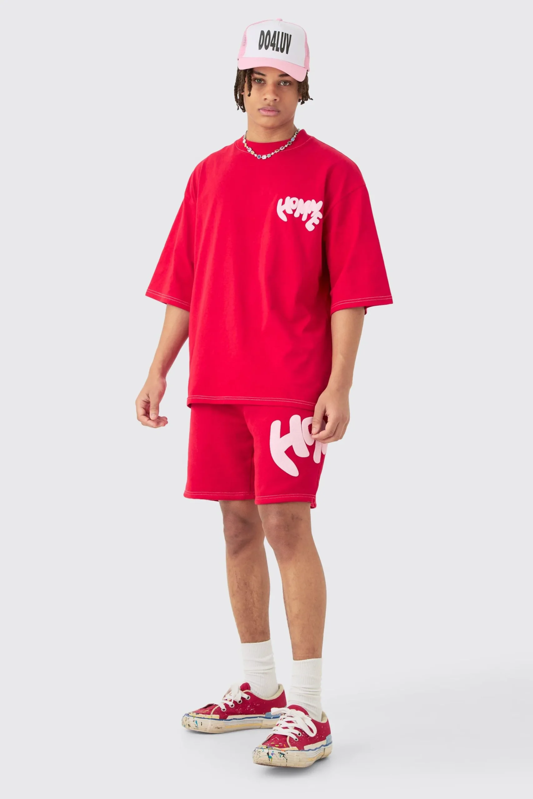 boohooMAN Oversized Contrast Stitch Puff Print Half Sleeve T-shirt & Short Set | UK| Sets & Co-Ords|Tracksuits