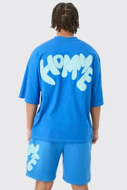 boohooMAN Oversized Contrast Stitch Puff Print Half Sleeve T-shirt & Short Set | UK| Sets & Co-Ords|Tracksuits