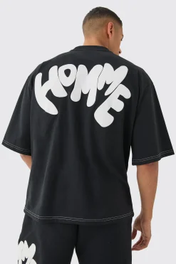 Oversized Contrast Stitch Puff Print Half Sleeve T-shirt | UK^boohooMAN New