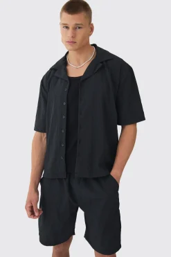 boohooMAN Oversized Crinkle Revere Shirt & Relaxed Short Set | UK| Sets & Co-Ords