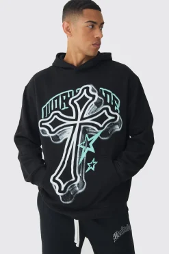 boohooMAN Oversized Cross Printed Hoodie | UK| Hoodies & Sweatshirts
