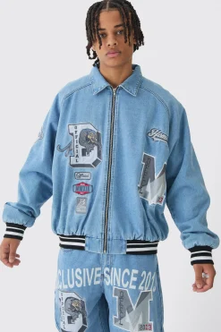 boohooMAN Oversized Denim Exclusive Applique Bomber Jacket | UK| Sets & Co-Ords|Coats & Jackets