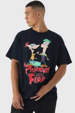 Oversized Disney Phineas And Ferb Wash License Print T-Shirt | UK^boohooMAN