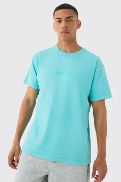 Oversized Distressed Neck Embroidered T-shirt | UK^boohooMAN Clearance