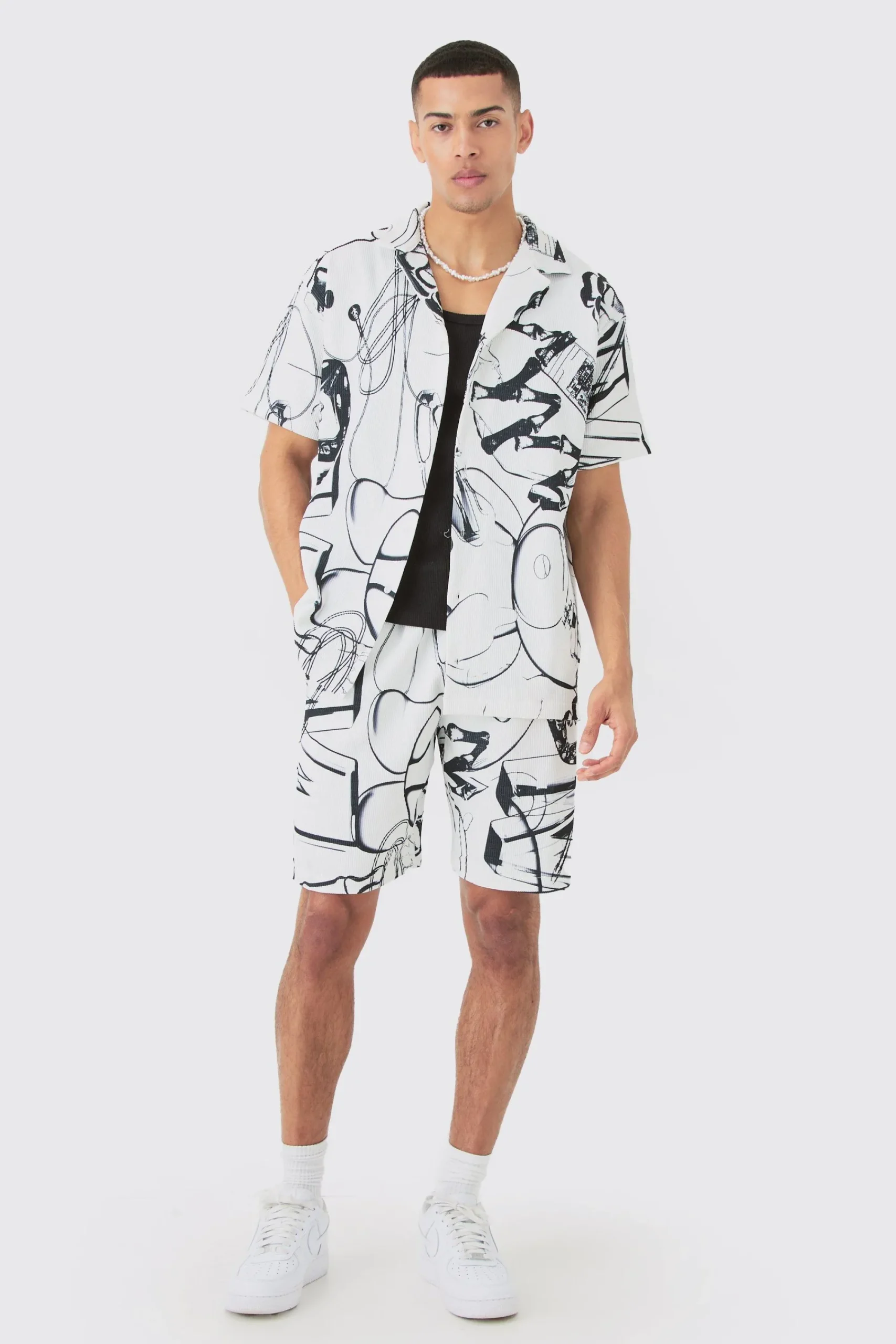 boohooMAN Oversized Doodle Printed Pleated Shirt & Short Set | UK| Sets & Co-Ords
