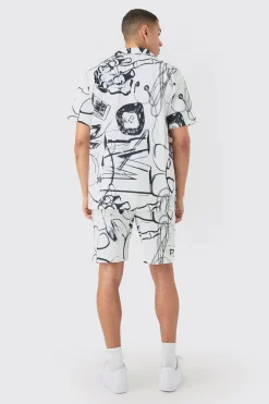 boohooMAN Oversized Doodle Printed Pleated Shirt & Short Set | UK| Sets & Co-Ords
