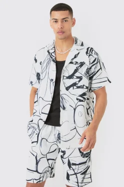 boohooMAN Oversized Doodle Printed Pleated Shirt & Short Set | UK| Sets & Co-Ords