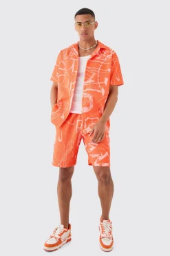 boohooMAN Oversized Doodle Printed Pleated Shirt & Short Set | UK| Sets & Co-Ords
