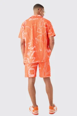 boohooMAN Oversized Doodle Printed Pleated Shirt & Short Set | UK| Sets & Co-Ords